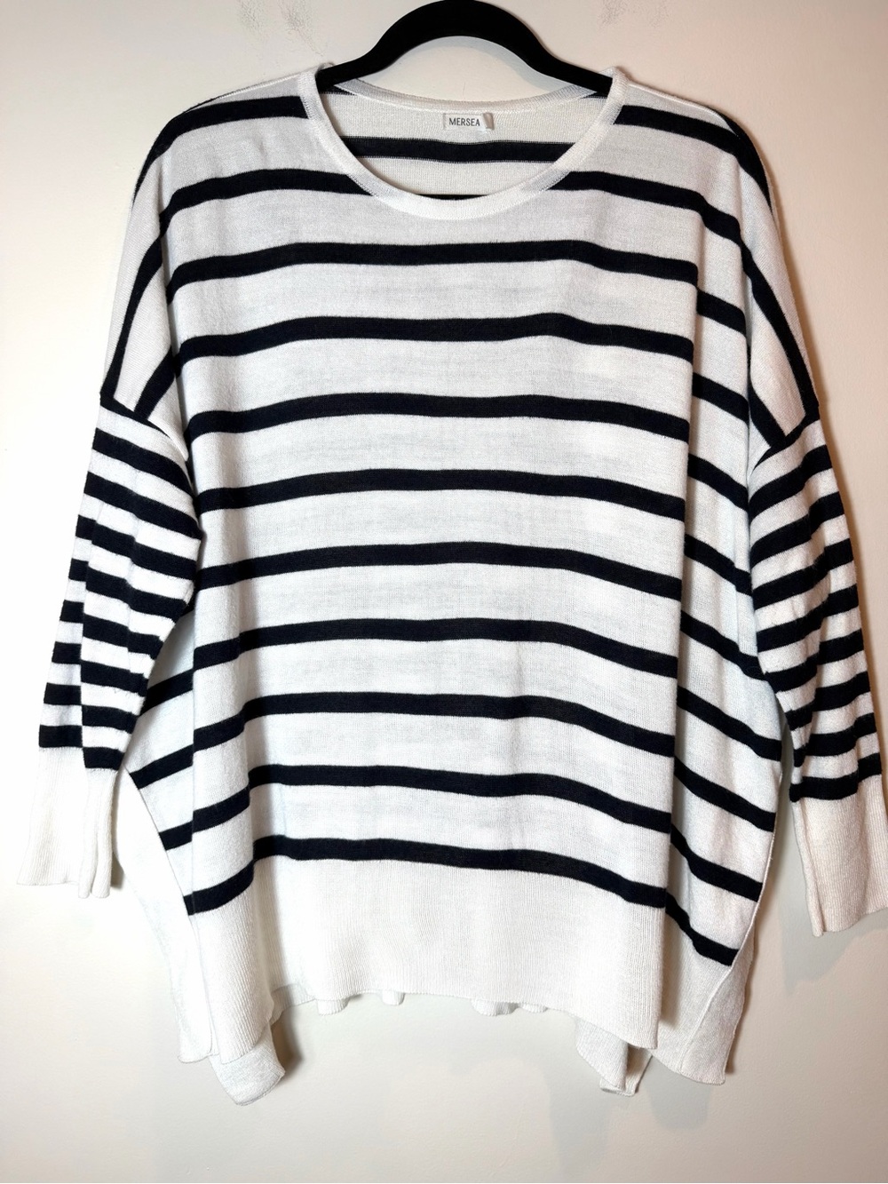 Mersea Amour Sweater Dark Navy White Striped Red Heart Elbow Patch One Size
